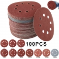 100pcs Sandpaper Round Shape 125mm Sanding Discs Car Hook Loop Sanding Paper Buffing Sheet Sandpaper 8 Hole Sander Polishing Pad