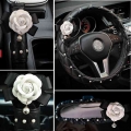 Crystal Rhinestones Camellia Flower Car Interior Accessories Women Leather Steering Wheel Cover Hand Brake Gear Cover Seat Belt