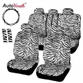 Autoyouth Short Plush Luxury Zebra Seat Covers Universal Fit Most Car Seats Steering Wheel Cover Shoulder Pad White Seat Cover -